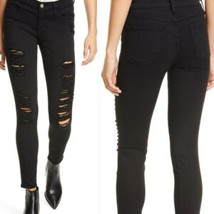 FRAME Le Skinny Jeanne Distressed Shredded Stretchy Skinny Jeans Black sz 25